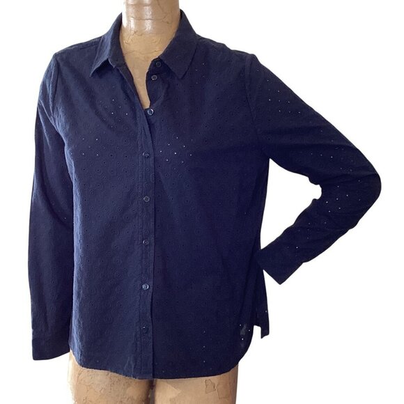 PURE Collection Navy Blue Eyelet Button Up Top Sz 12 #21N - Picture 2 of 9